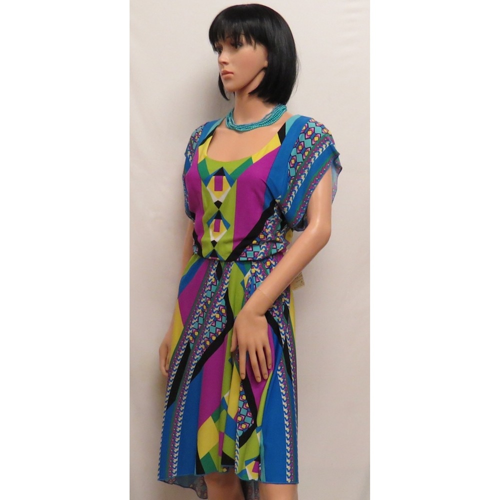 ONE WORLD "Cabana Geo" Multi-Color‎ Geometrical Print Boho Maxi Dress S